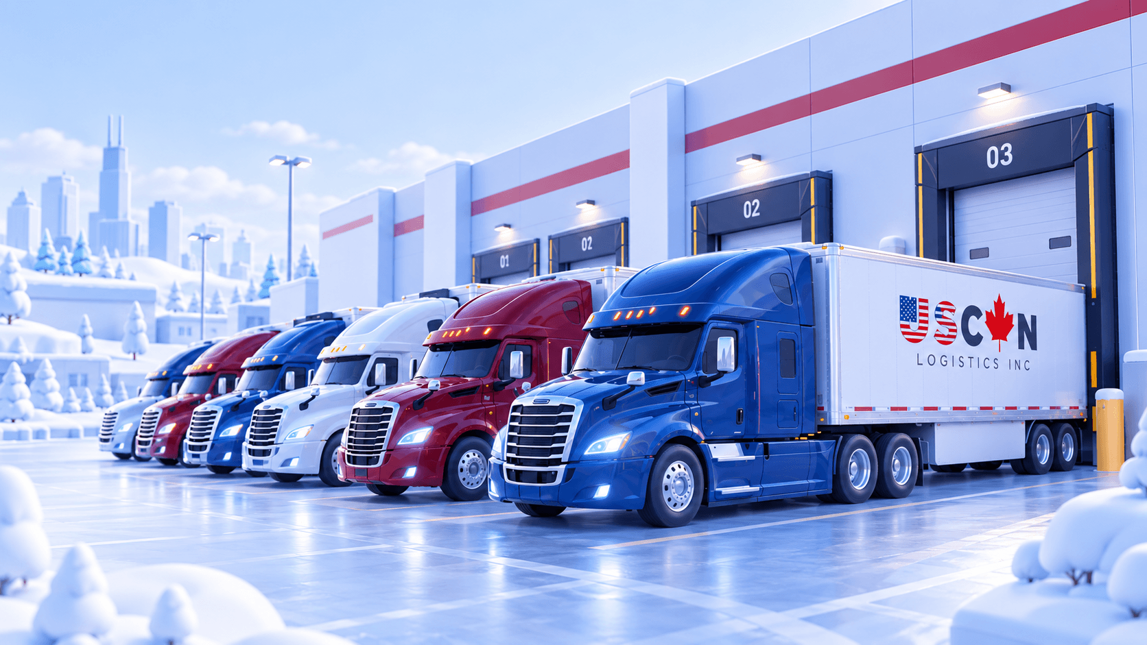 Row of red, white and blue semi trucks at a loading dock