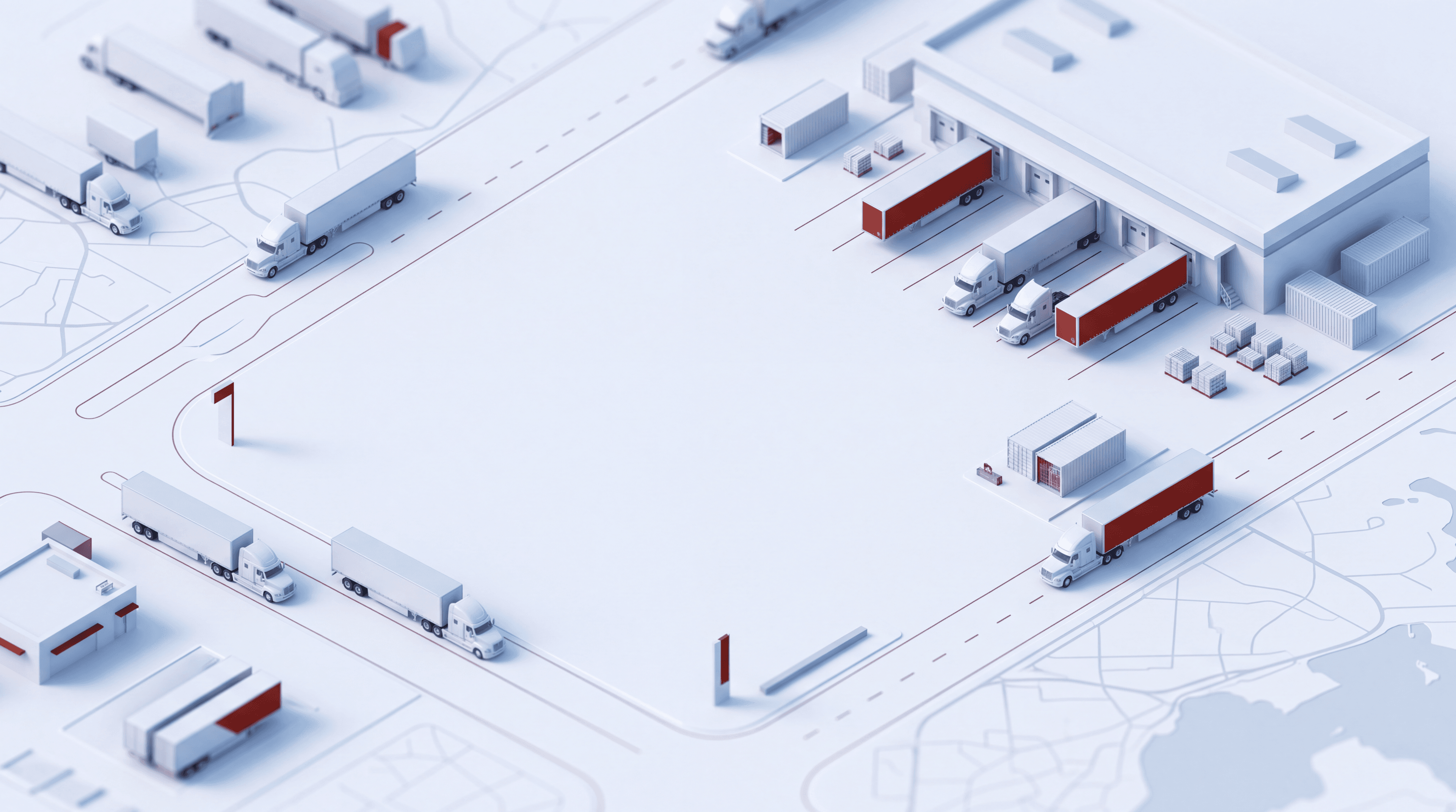 Isometric winter truck yard with red and white semi trailers