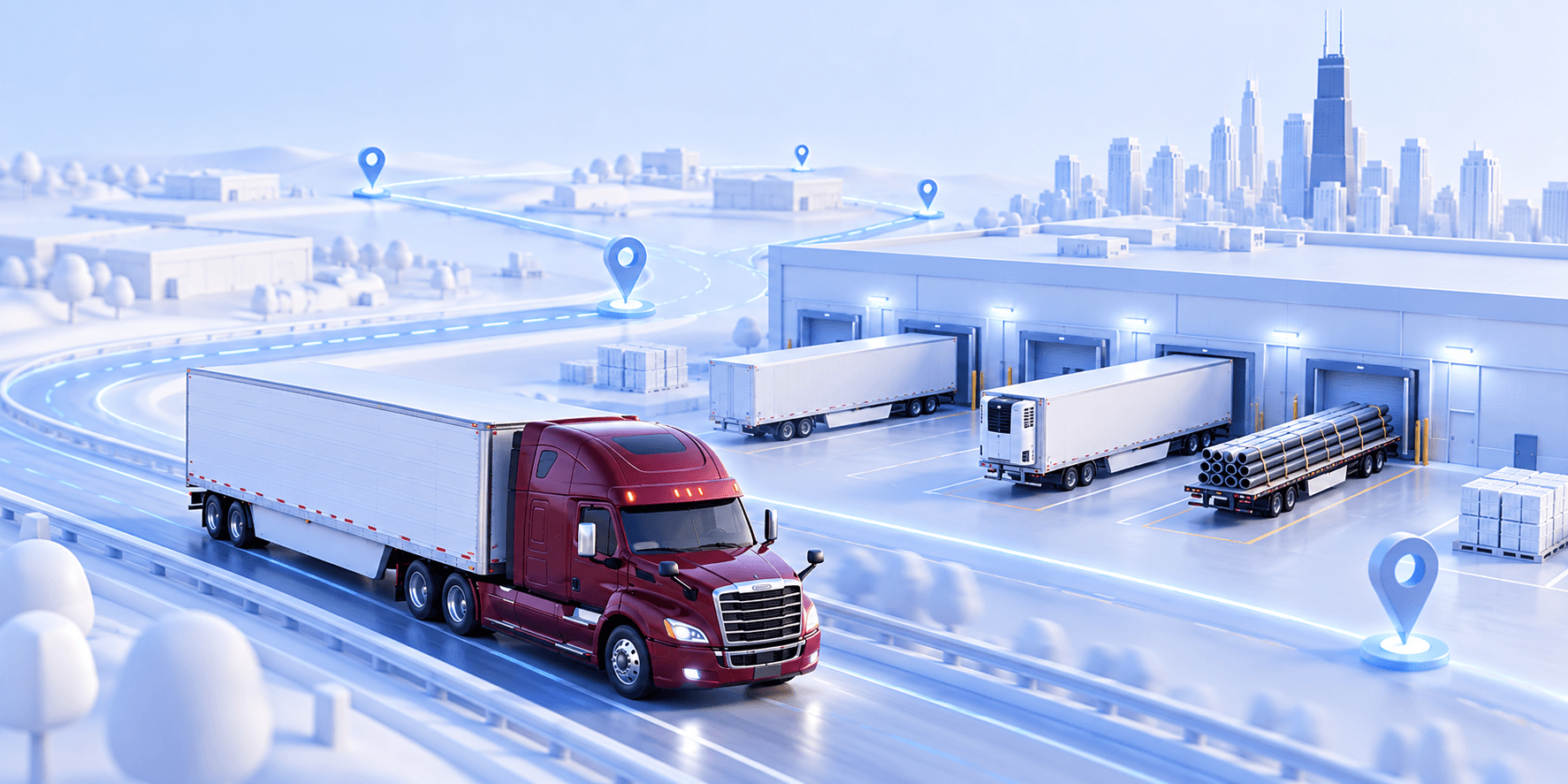 Isometric highway with map pins, trucks and distribution center