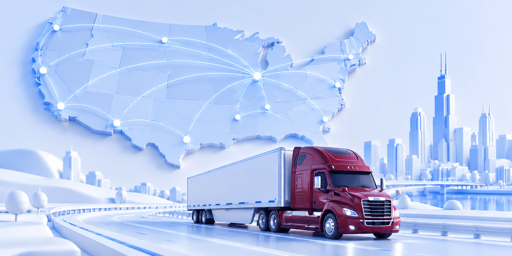 US map with route network, red semi truck and city skyline