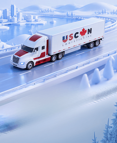 White USCAN dry van truck on a snowy lakeside road