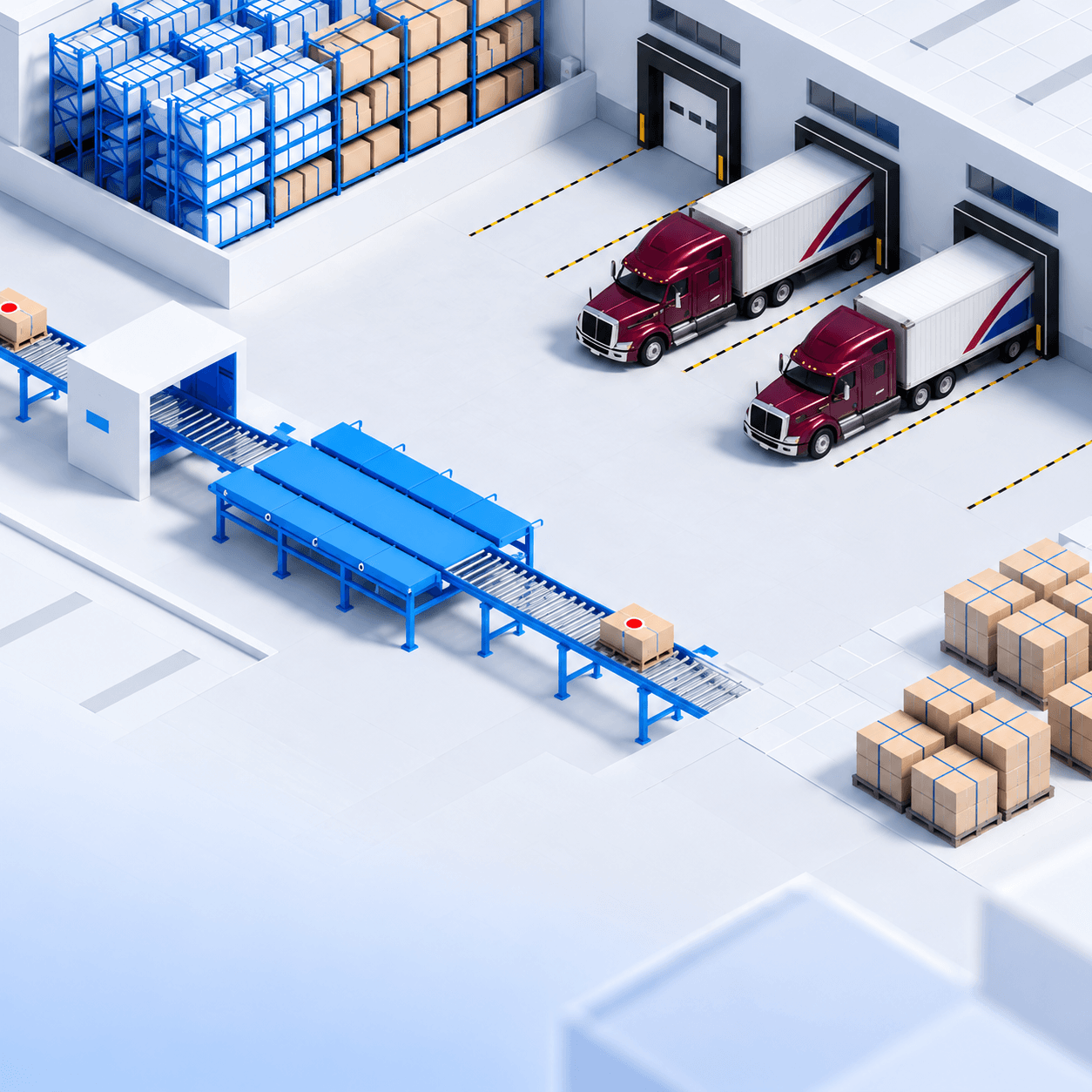 Isometric logistics warehouse yard with trucks and cargo